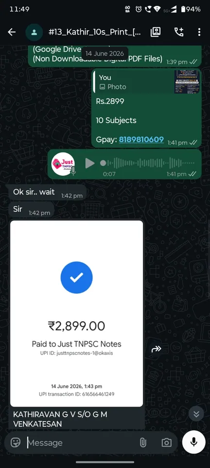Verified UPI payment confirmation from TNPSC booklet order 2
