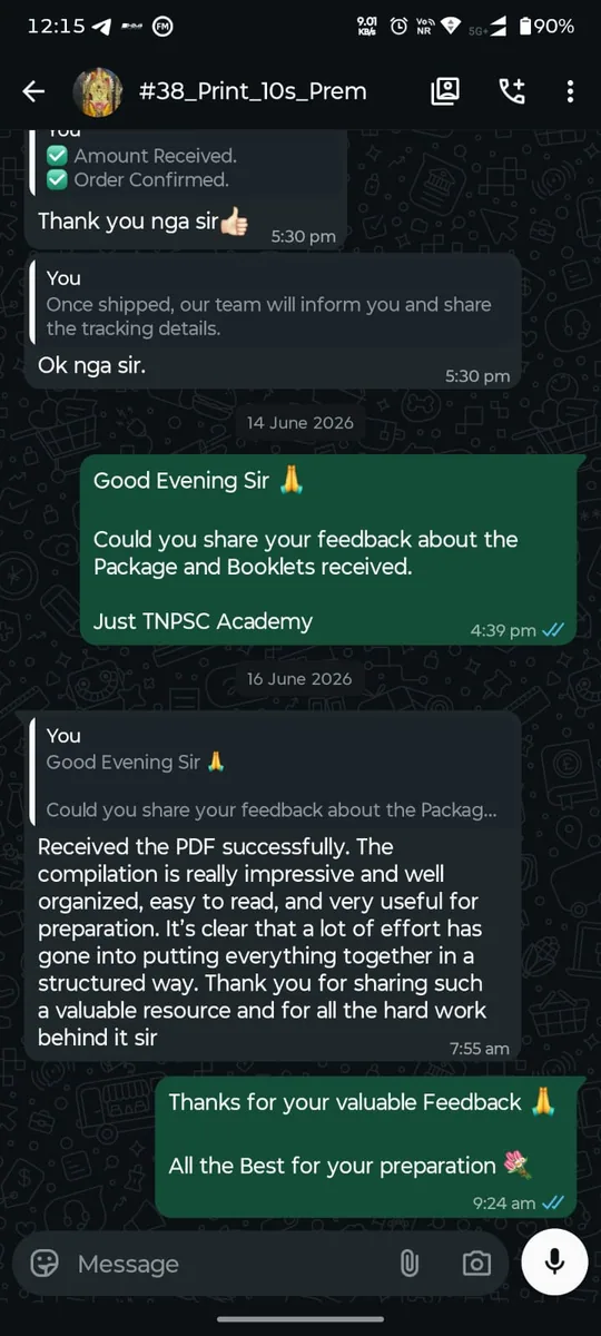 WhatsApp review from Nisty — received booklets, thank you