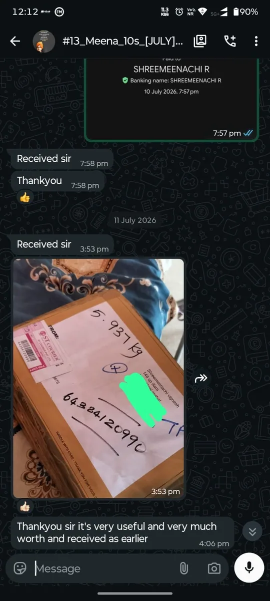 WhatsApp review from Sakthi — received 10 booklets, amazing quality, great work