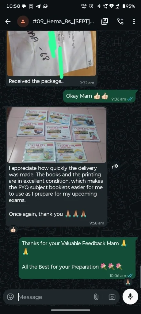 WhatsApp review from Hema — received 8 booklets, books and printing in excellent condition, very useful for TNPSC exam preparation