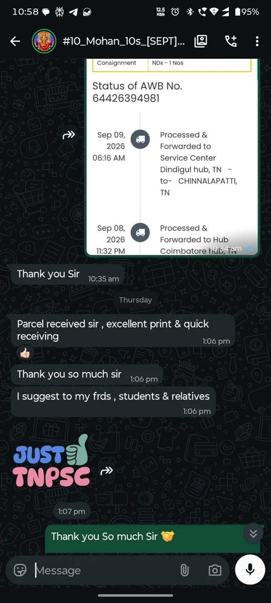 WhatsApp review from Mohan — parcel received, excellent print and quick delivery